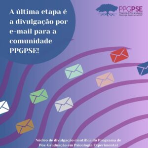 Ilustração em tons de roxo e azul mostrando um fluxo de cartas convencionais coloridas indo em uma mesma direção, guiadas por setas indicando o movimento. Um balão azul diz ''A última etapa é a divulgação por e-mail para a comunidade PPGPSE!''.